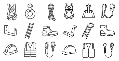 Aufkleber - Set of safety equipment icons including a harness, a ladder, and a hard hat. The icons are arranged in a grid, with some overlapping and others standing alone. Scene is one of caution