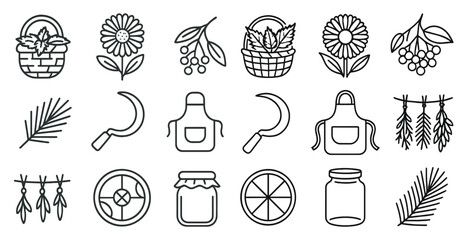 Aufkleber - Collection of symbols and icons, including a basket, a knife, a pair of scissors, a pair of an apron, a jar, a lemon, a flower, and a leaf
