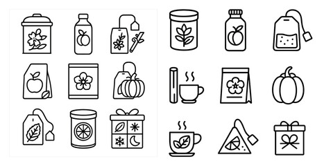 Aufkleber - Set of black and white icons for various food and drink items. The icons include a tea bag, a coffee cup, a juice box, a bag of apples, a pumpkin, a pumpkin spice, a tea bag, a coffee mug