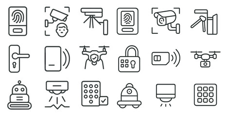 Aufkleber - Collection of icons for security and surveillance. The icons include a door, a key, a camera, a phone, a remote control, a computer, a robot, a drone, a security camera, a fingerprint scanner