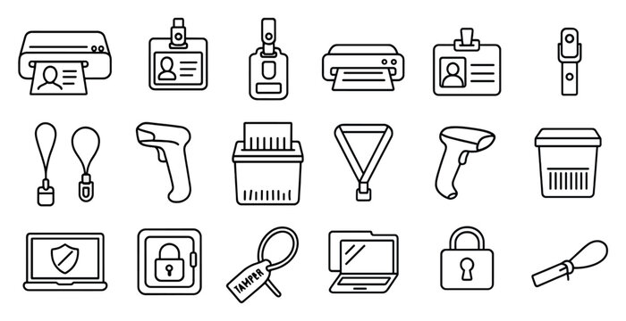 Collection of various items such as a laptop, a key, a wallet, a pen, a scanner, a printer, a badge, a watch, and a cell phone