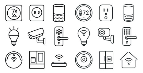 Aufkleber - Collection of icons for smart home devices. The icons include a light bulb, a camera, a remote control, a thermostat, and a door
