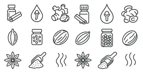 Aufkleber - Collection of spices and herbs are shown in a line drawing. The spices include cinnamon, nutmeg, and ginger