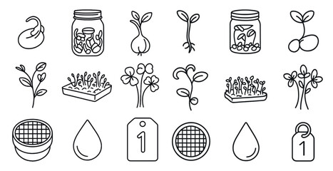 Fototapete - Collection of plant icons, including a jar of beans, a jar of garlic, and a jar of peas