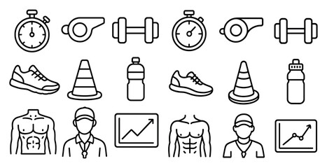 Poster - Collection of sports icons and symbols, including a stopwatch, a whistle, and a sports ball