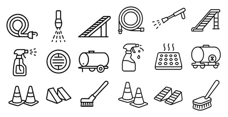 Aufkleber - Set of cleaning tools and equipment, including a broom, a mop, a bucket, and a hose