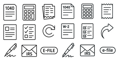 Poster - Set of icons for various office supplies, including a pen, calculator, and envelope. The icons are all in black and white and arranged in a grid