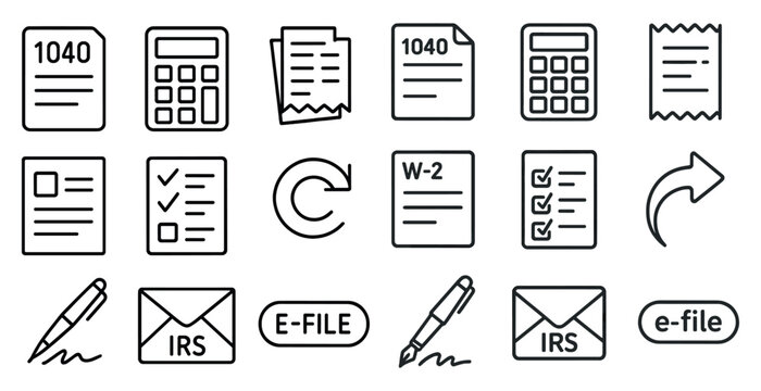 Set of icons for various office supplies, including a pen, calculator, and envelope. The icons are all in black and white and arranged in a grid