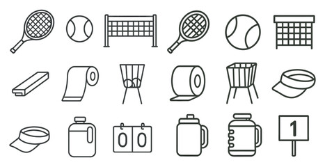 Aufkleber - Collection of sports equipment and accessories, including a tennis racket, a ball, a net, and a cup