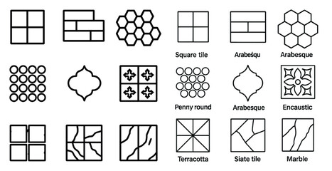 Fototapete - Collection of different tile shapes and patterns. The tile shapes include squares, arabesque, and penny round
