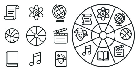 Aufkleber - Circle with a variety of icons including a book, a globe, a basketball, a movie camera, and a music note
