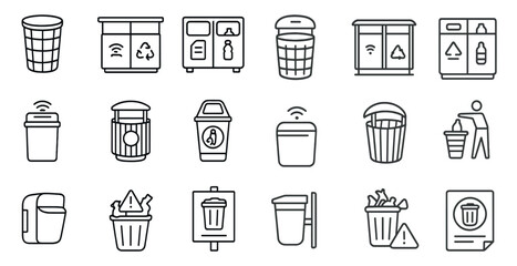 Poster - Series of trash cans and recycling bins are shown in a line. The trash cans are of various sizes and shapes, and the recycling bins are also of different sizes. Concept of proper waste disposal
