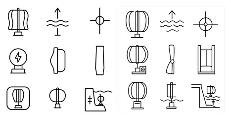 Aufkleber - The image is a collection of various symbols and icons, including a light bulb, a fan, a boat, and a water pump. Scene is one of technology and innovation