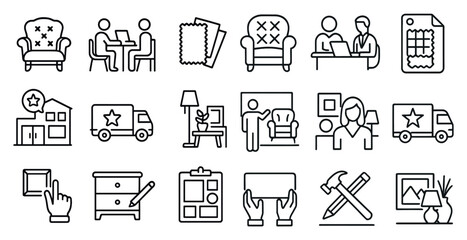 Poster - Series of icons depicting various home furnishings and activities. The icons include a chair, a table, a laptop, a person, a truck, a house, a lamp, a plant, a book, a person holding a hammer