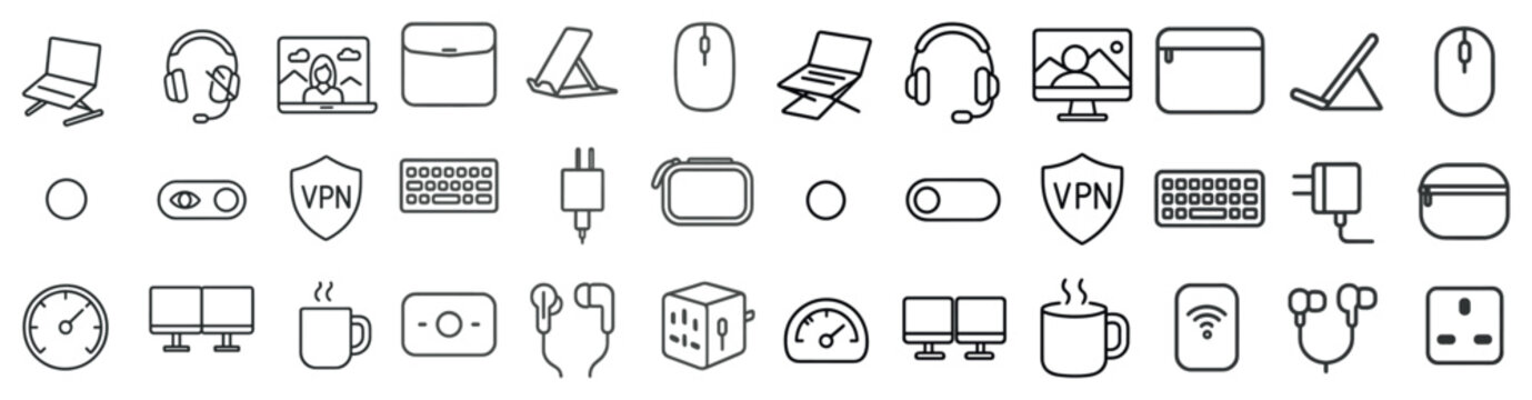 Collection of icons for various electronic devices and accessories. The icons include a keyboard, mouse, headphones, and a laptop
