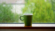 © Shagor - Green mug steaming hot beverage on rainy window sill hot drink
