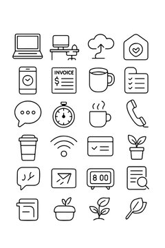 A collection of modern line icons depicting various elements related to technology, business, and lifestyle, offering a clean and versatile design.