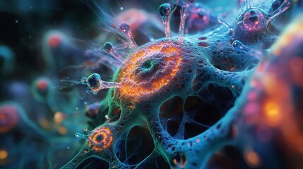 Poster - Microscopic view of a virus with glowing core and intricate structure.