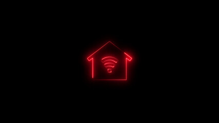 Poster - Illuminated red neon smart home icon depicting wireless connectivity on black background