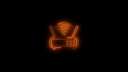 Poster - Glowing orange neon router icon on black background symbolizing wireless internet connectivity and digital networks