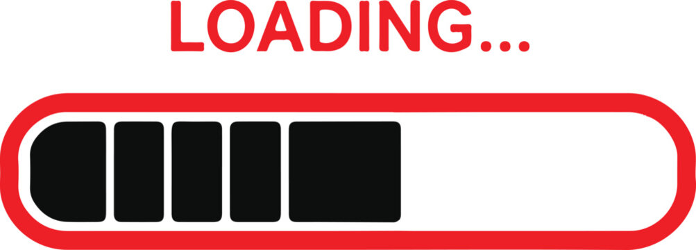 Vector art of red loading progress bar with text and black segments isolated on transparent background