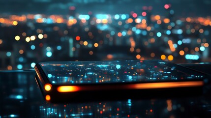 Fototapete - Futuristic phone displaying city lights at night.