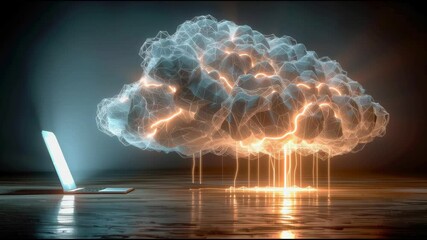 Poster - A glowing, futuristic cloud made of light and wireframe lines rises from an open laptop, symbolizing data transfer and cloud computing