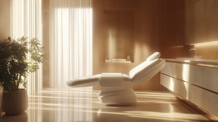 Poster - Sunlit minimalist spa room with reclining chair, wooden walls, and large window.
