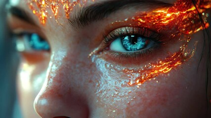 Poster - Eyes reflect a mesmerizing blend of glowing elements and natural beauty in serene lighting