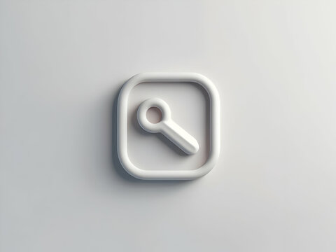 3D rendered search icon with light shading centered on clean white background in modern minimal design