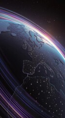 Wall Mural - a breathtaking view of Earth from space, partially illuminated by a soft sun glow, continents glowing with elegant cyberpunk neon lines in pink, violet, and teal, vast holographic rings orbiting slowl