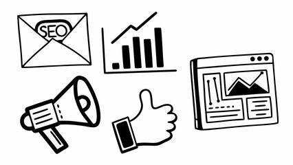 Poster - Hand drawn seo elements including envelope graph megaphone thumbs up and website interface icon set created with generated ai