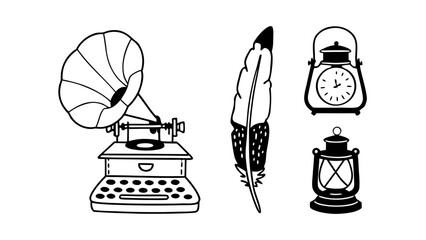 Aufkleber - Illustration of a vintage phonograph, feather, clock, and lantern in black and white outline created with generated ai