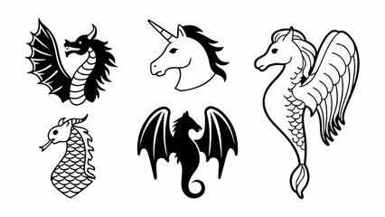 Poster - Collection of mythical creatures including dragons, a unicorn, and a winged seahorse illustration created with generated ai