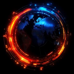 Poster - Global network, fiery orange and cool blue energy rings encircle dark earth map