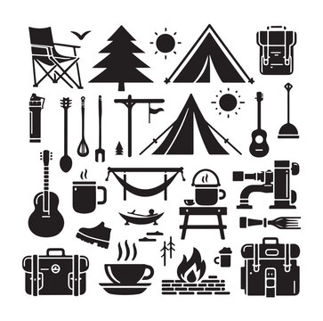 Camping elements set silhouette vector graphics