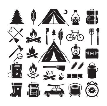Camping elements set silhouette vector graphics