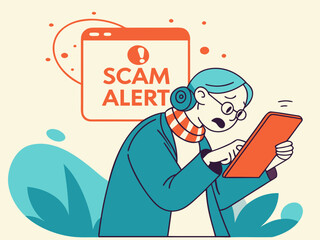 Poster - Confused Senior Reading Scam Alert Message on Tablet Screen