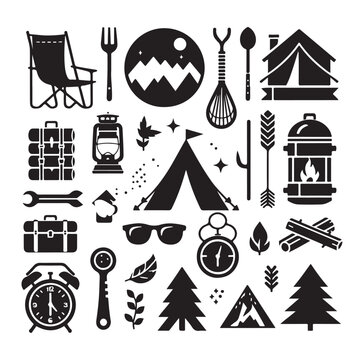 Camping elements set silhouette vector graphics