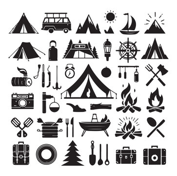 Camping elements set silhouette vector graphics