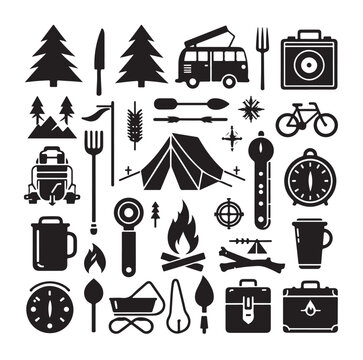 Camping elements set silhouette vector graphics