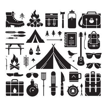 Camping elements set silhouette vector graphics