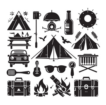 Camping elements set silhouette vector graphics
