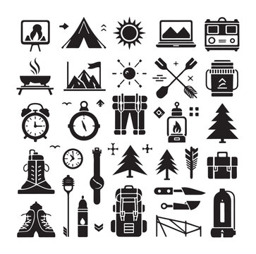 Camping elements set silhouette vector graphics
