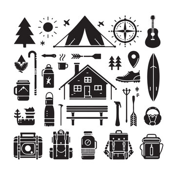 Camping elements set silhouette vector graphics