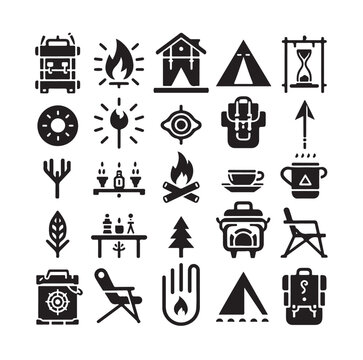 Camping elements set silhouette vector graphics