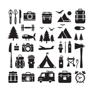 Camping elements set silhouette vector graphics