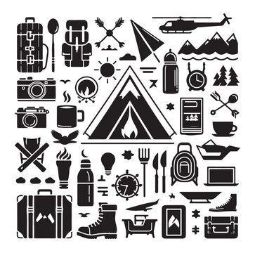 Camping elements set silhouette vector graphics