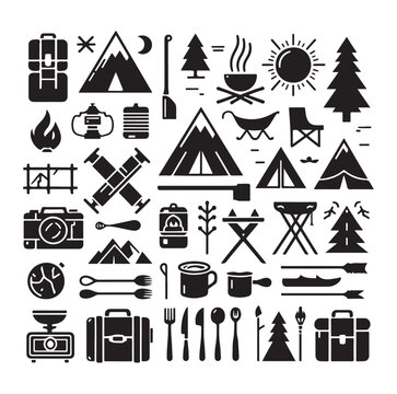 Camping elements set silhouette vector graphics