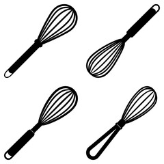 Poster - Four black and white illustrations of whisks used in cooking and baking preparations on a white background